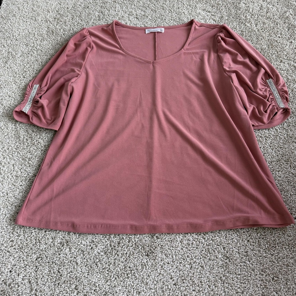 89th + Madison Blouse Womens PXL Pink Puff Sleeve V Neck Strap Top Jersey Knit